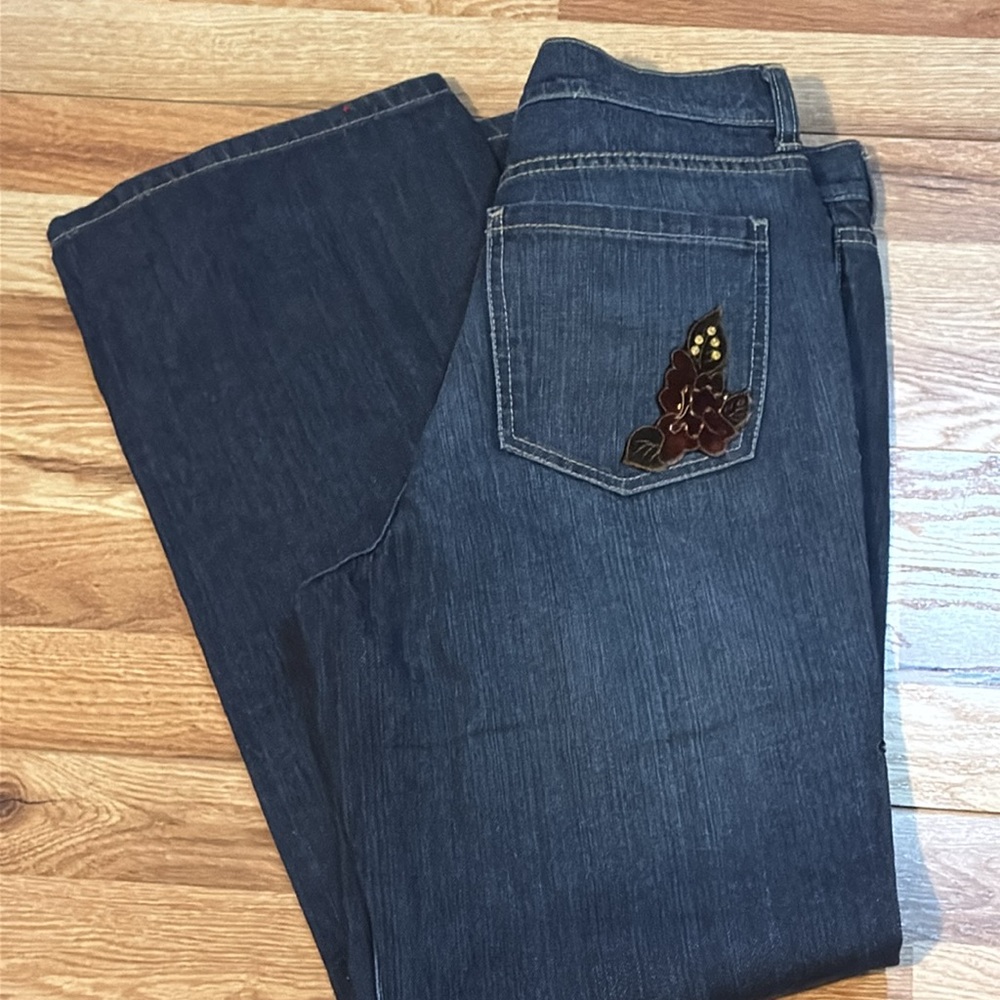 New York & Company Dark Blue Boot Cut Jeans with Red Floral Embroidery - Picture 9 of 10